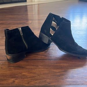 Black ankle bootie woven zip up suede